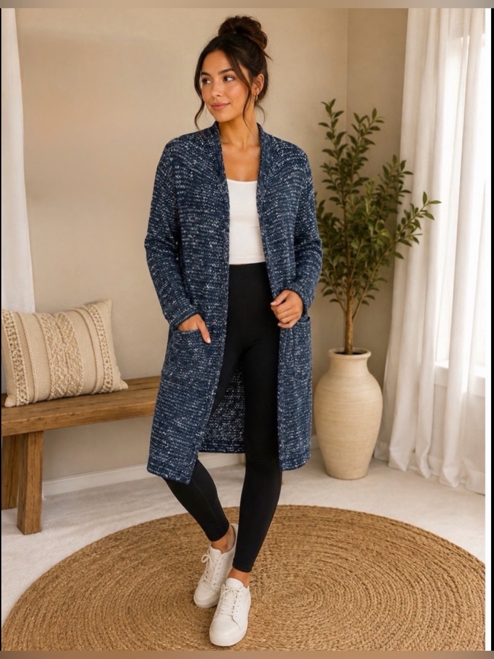 J. Jill Womens Navy Blue Space Dye Textured Longline Open Front Cardigan Large